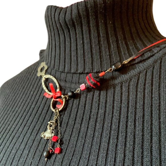 Handmade - Red & Black Little dress Charm Necklace – Asymmetrical Mixed-Media - Picture 2 of 9